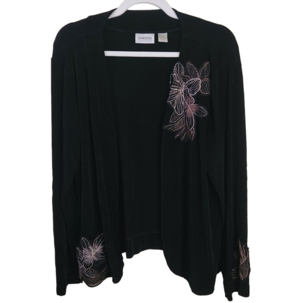 Chicos Travelers Black Appliqué Open Front Cardigan Sweater Size 3(XL)